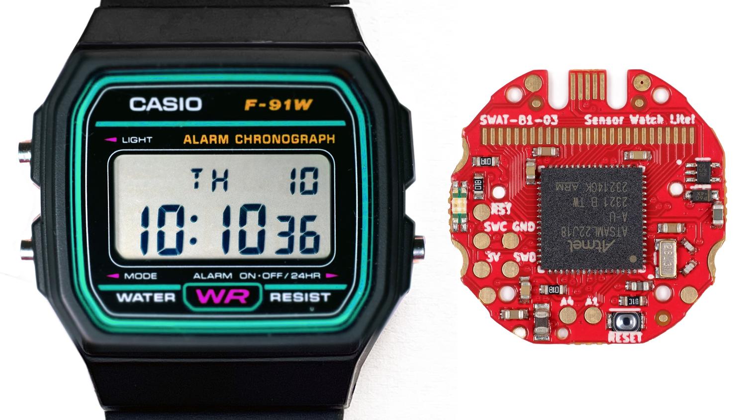 Sensor Watch board shown with a digital watch.