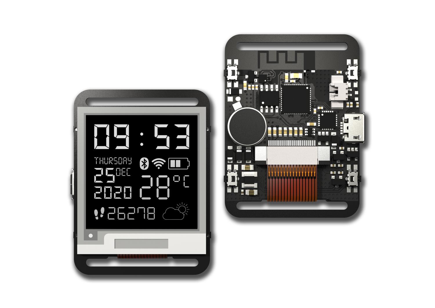 Watchy E-Ink watch render showing front and back.